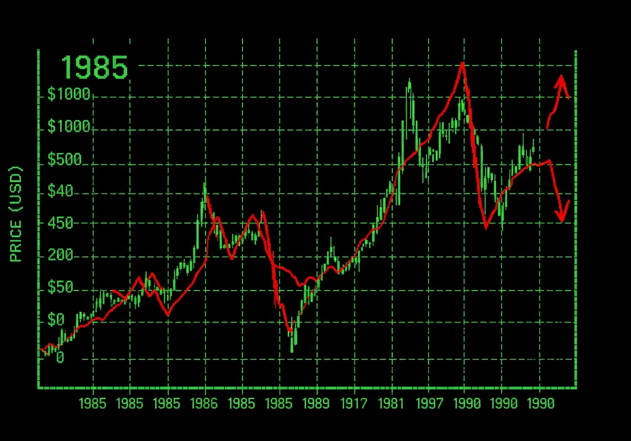 1985 Bitcoin Chart — retro dot-matrix chart in green monochrome